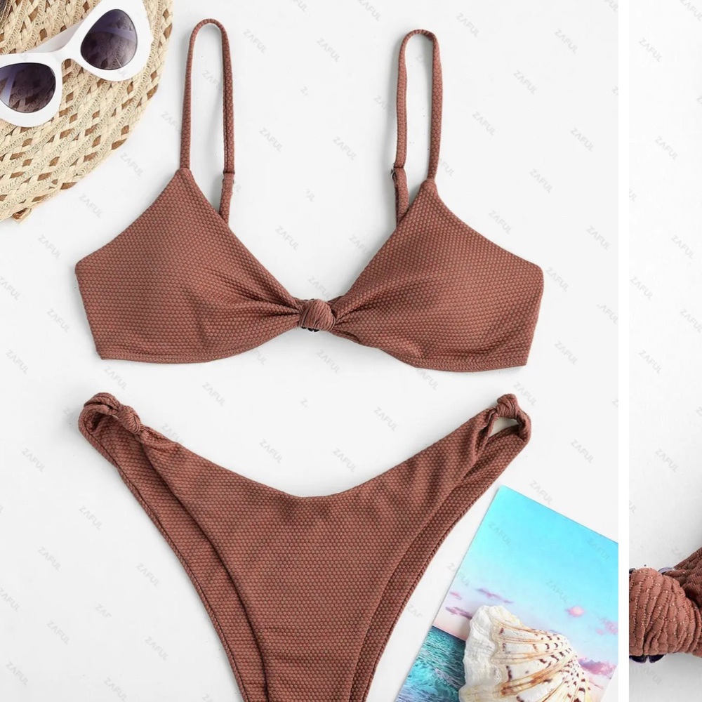 ZAFUL Textured Knotted Cheeky Bikini Swimwear - Coffee S